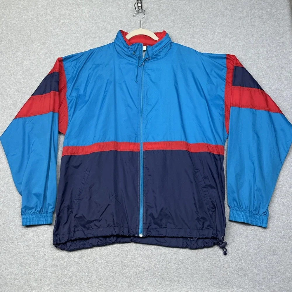 VTG 90s Cheetah Mervyns Windbreaker Jacket Mens L Blue Red Colorblock Hood Retro